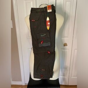 Cargo style pants with multiple pockets and zip off pant legs to become shorts.